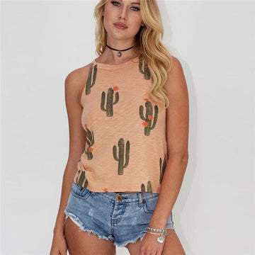 Summer Cactus Print Women Tops Tees