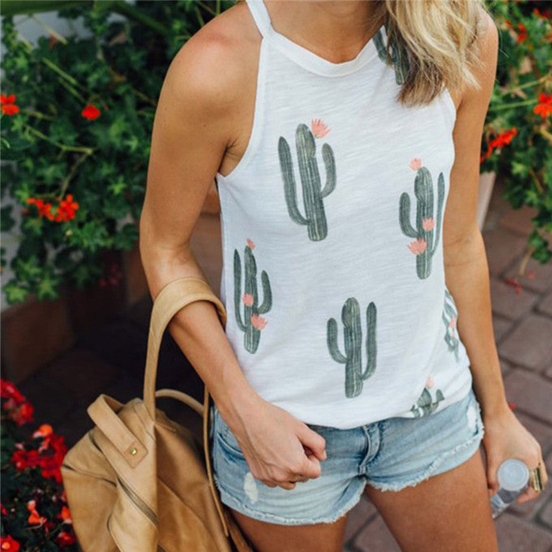 Summer Cactus Print Women Tops Tees
