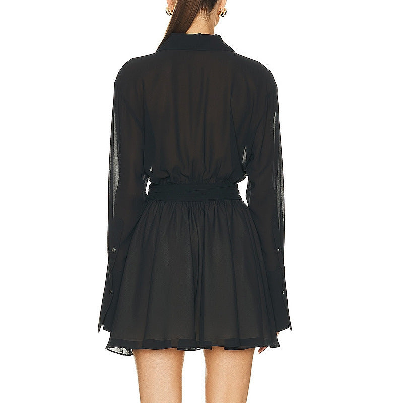 Deep V-neck Long Sleeve Waist Trimming Shirt Dress