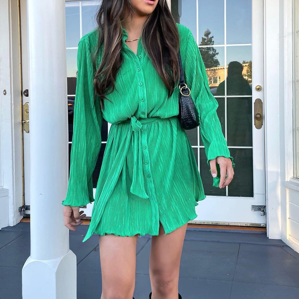 Flower Print Lace-up Long Sleeve Dress Shirt Dress